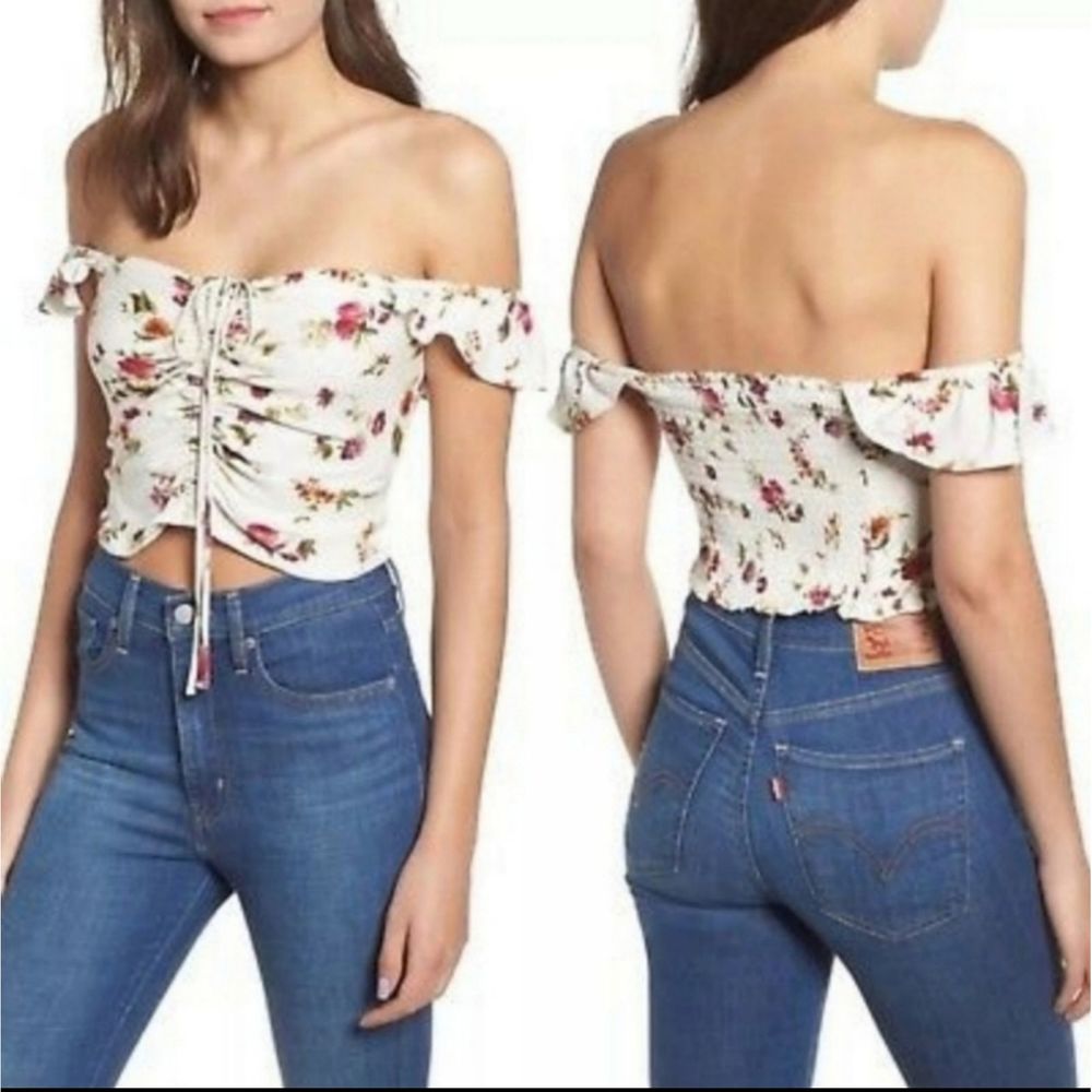 WAYF ruffled floral off shoulder crop top